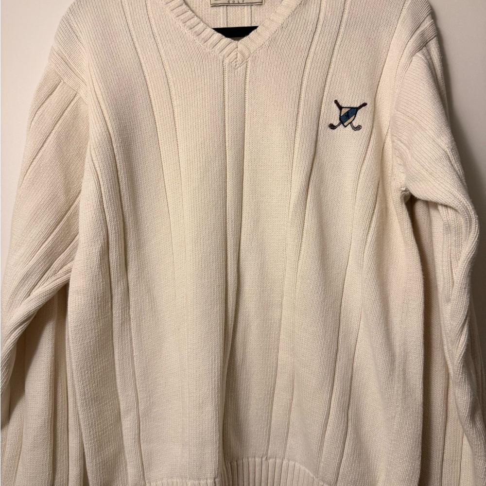 John Ashford Cream V‑Neck Cable Knit Sweater with Blue Accent